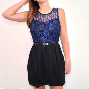 💘IZ Byer Black and Sapphire Blue Floral Lace Bodice Wrap Skirt Dress Size 9